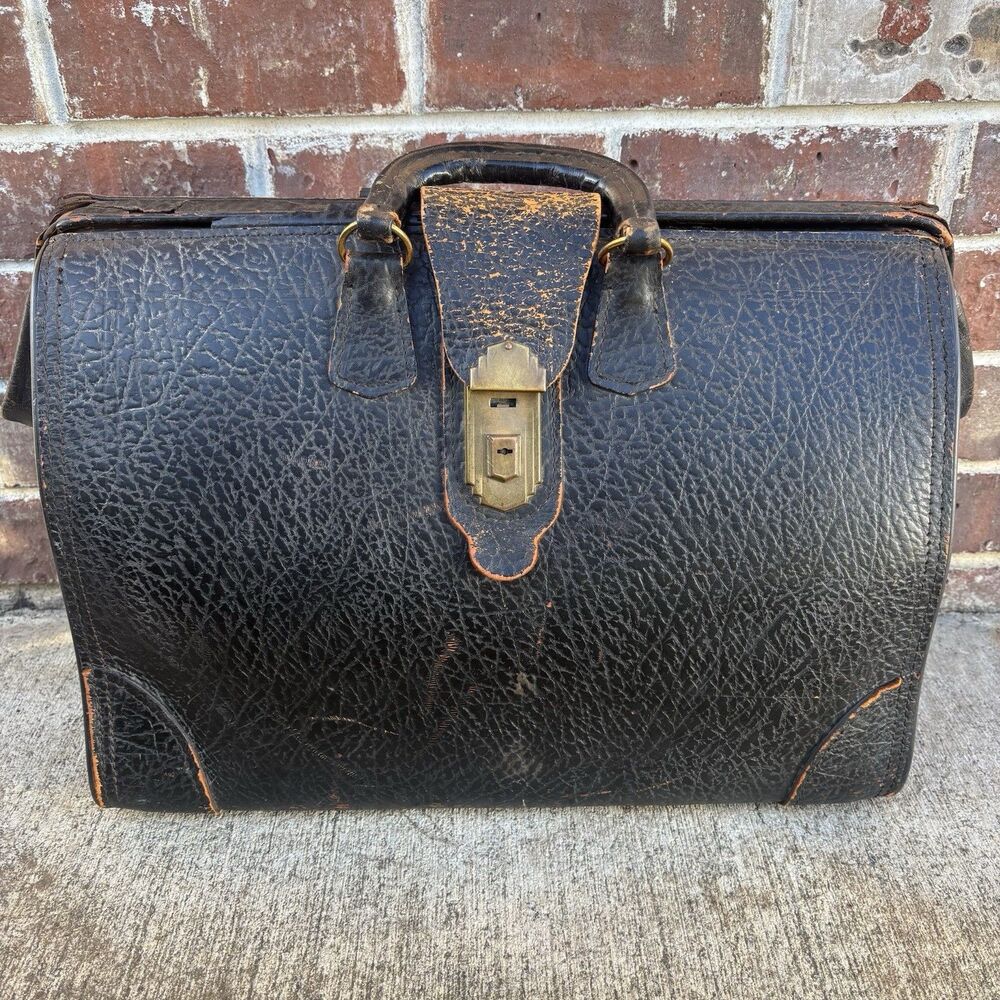 Antique Doctor Bag Physicians Black Pebble Grain Leather Art Deco Brass MCM Vtg